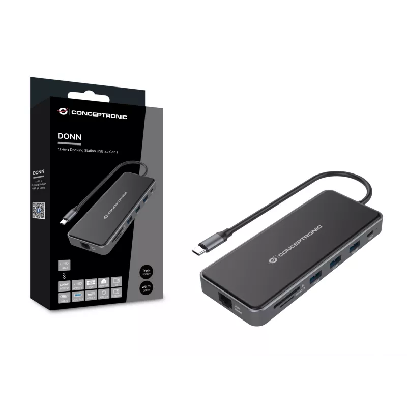 Conceptronic DONN15G stacja dokująca/replikator portów do laptopa Przewodowa USB 3.2 Gen 1 (3.1 Gen 1) Type-C Szary