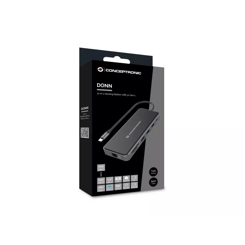 Conceptronic DONN15G stacja dokująca/replikator portów do laptopa Przewodowa USB 3.2 Gen 1 (3.1 Gen 1) Type-C Szary