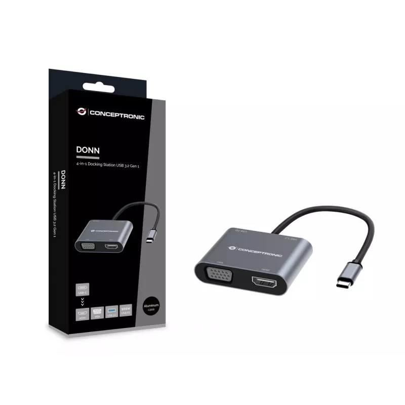 Conceptronic DONN16G Przewodowa stacja dokująca USB 3.2 Gen 1 Type-C Szary 100W 4K Ultra HD
