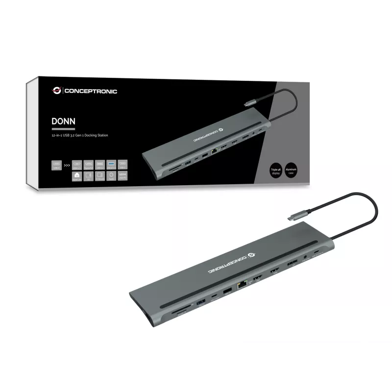 Conceptronic DONN17G stacja dokująca/replikator portów do laptopa Przewodowa USB 3.2 Gen 1 (3.1 Gen 1) Type-C Szary