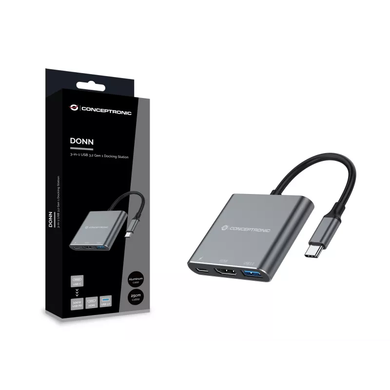 Conceptronic DONN18G 3-w-1 stacja dokująca USB 3.2 Gen 1, HDMI, USB 3.0, 100W USB PD