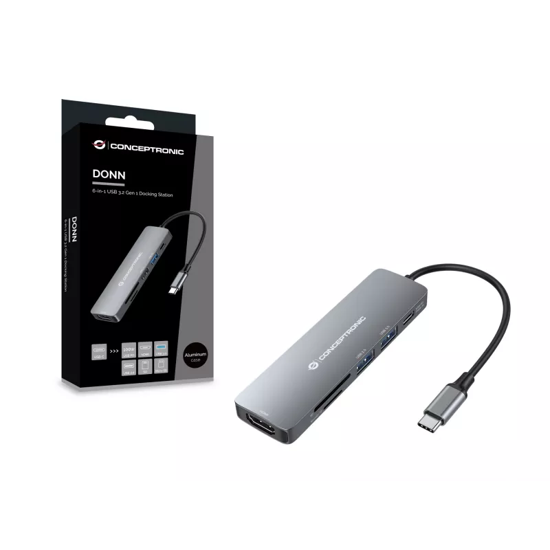 Conceptronic DONN11G 6-w-1 Stacja dokująca USB 3.2 Gen 1, HDMI, 100W USB PD, USB 3.0, USB 2.0, SD, TF/MicroSD