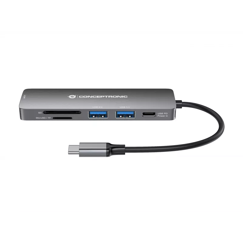 Conceptronic DONN11G 6-w-1 Stacja dokująca USB 3.2 Gen 1, HDMI, 100W USB PD, USB 3.0, USB 2.0, SD, TF/MicroSD