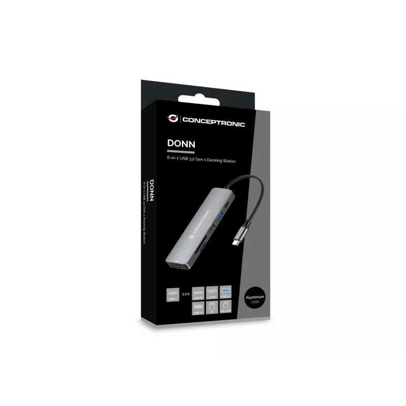 Conceptronic DONN11G 6-w-1 Stacja dokująca USB 3.2 Gen 1, HDMI, 100W USB PD, USB 3.0, USB 2.0, SD, TF/MicroSD