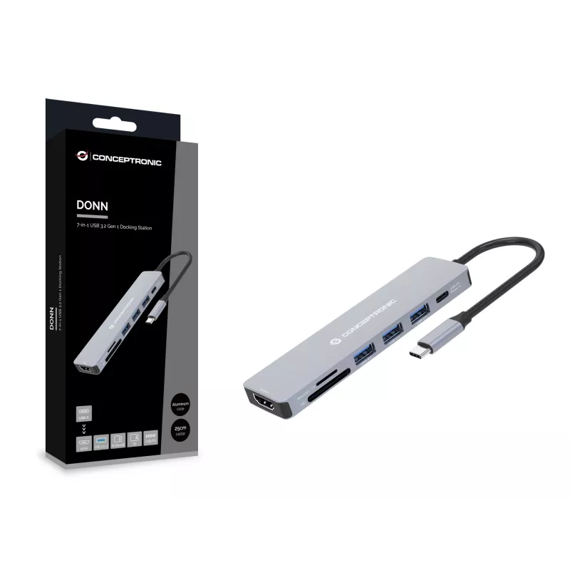 Conceptronic DONN19G 7-w-1 stacja dokująca USB 3.2 Gen 1, HDMI, 3x USB-A 3.0, SD, TF/MicroSD, USB PD 100 W