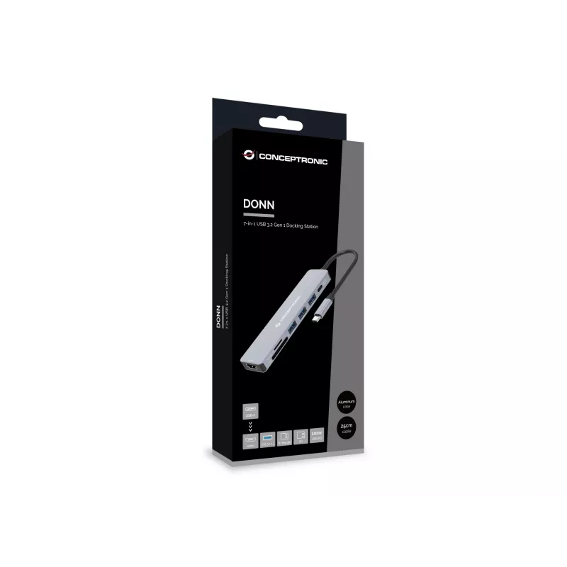 Conceptronic DONN19G 7-w-1 stacja dokująca USB 3.2 Gen 1, HDMI, 3x USB-A 3.0, SD, TF/MicroSD, USB PD 100 W