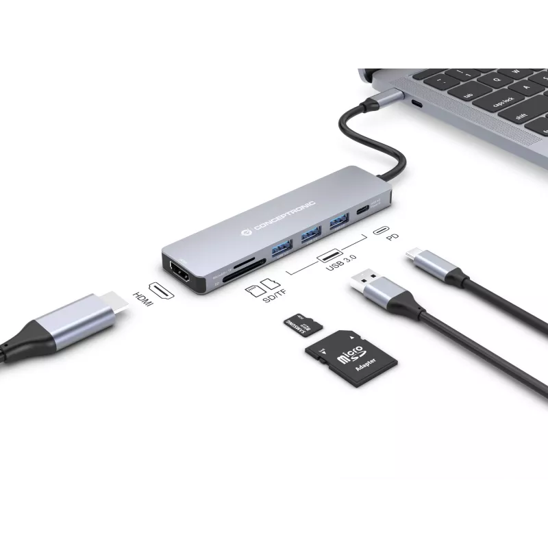 Conceptronic DONN19G 7-w-1 stacja dokująca USB 3.2 Gen 1, HDMI, 3x USB-A 3.0, SD, TF/MicroSD, USB PD 100 W