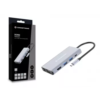 Conceptronic DONN20G 10-w-1 stacja dokująca USB 3.2 Gen 1, HDMI, VGA, USB-A 3.0 x 3, SD, TF/MicroSD, Audio, GbE LAN, 100W USB PD