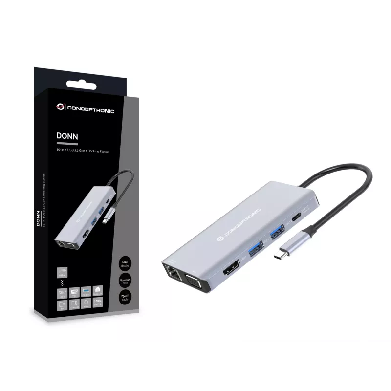 Conceptronic DONN20G 10-w-1 stacja dokująca USB 3.2 Gen 1, HDMI, VGA, USB-A 3.0 x 3, SD, TF/MicroSD, Audio, GbE LAN, 100W USB PD