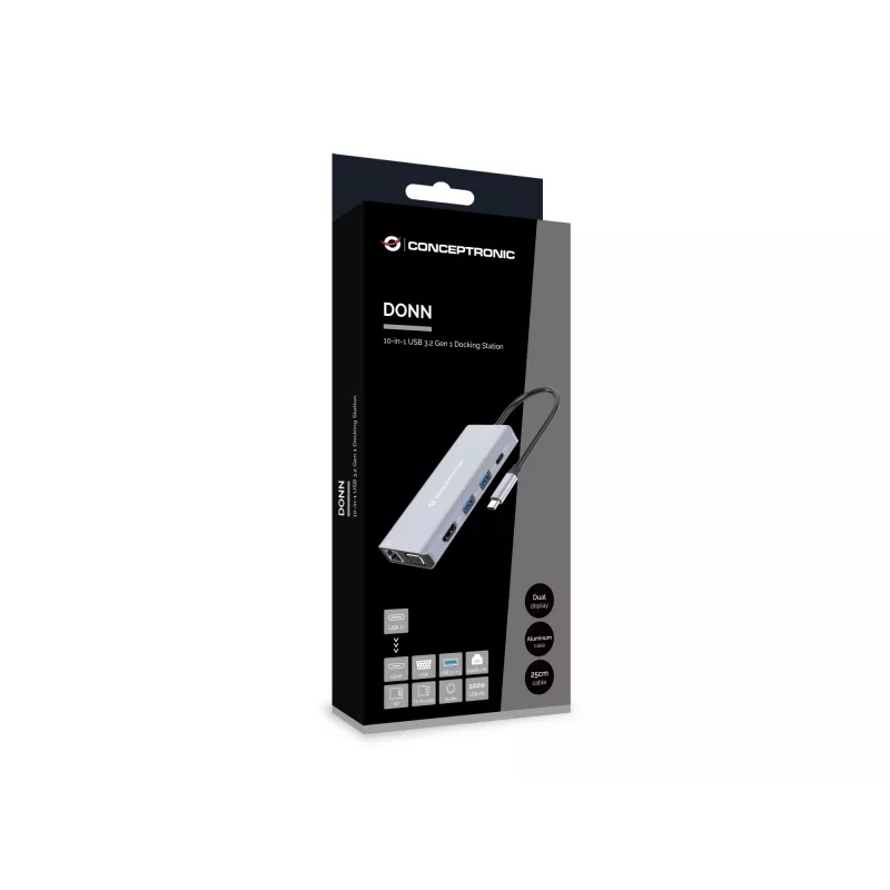 Conceptronic DONN20G 10-w-1 stacja dokująca USB 3.2 Gen 1, HDMI, VGA, USB-A 3.0 x 3, SD, TF/MicroSD, Audio, GbE LAN, 100W USB PD