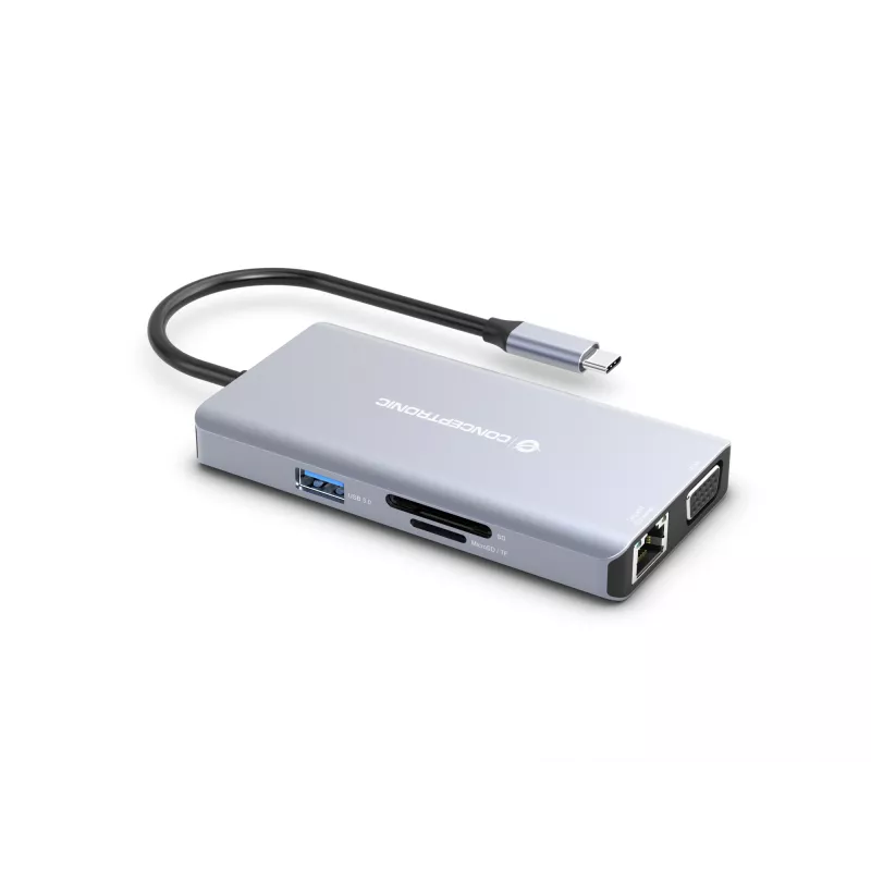 Conceptronic DONN20G 10-w-1 stacja dokująca USB 3.2 Gen 1, HDMI, VGA, USB-A 3.0 x 3, SD, TF/MicroSD, Audio, GbE LAN, 100W USB PD