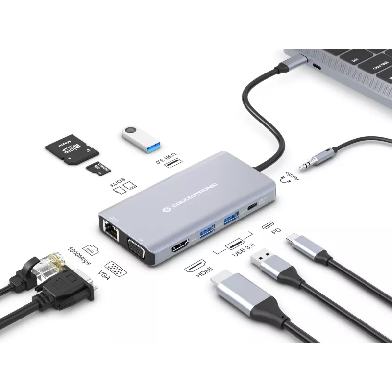 Conceptronic DONN20G 10-w-1 stacja dokująca USB 3.2 Gen 1, HDMI, VGA, USB-A 3.0 x 3, SD, TF/MicroSD, Audio, GbE LAN, 100W USB PD