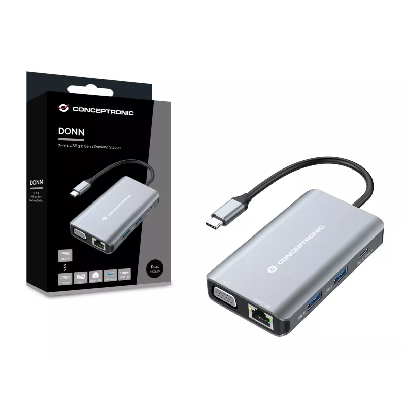 Conceptronic DONN21G stacja dokująca/replikator portów do laptopa Przewodowa USB 3.2 Gen 1 (3.1 Gen 1) Type-C Szary