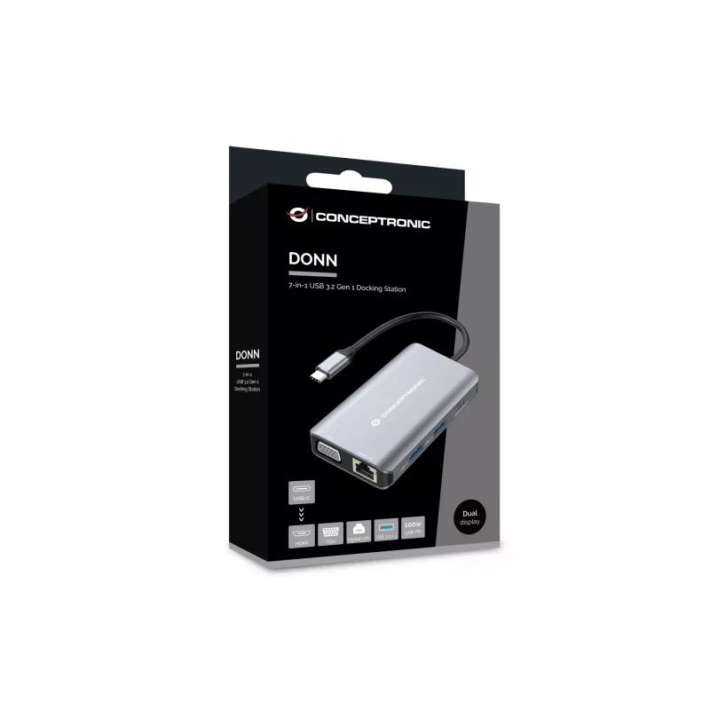 Conceptronic DONN21G stacja dokująca/replikator portów do laptopa Przewodowa USB 3.2 Gen 1 (3.1 Gen 1) Type-C Szary