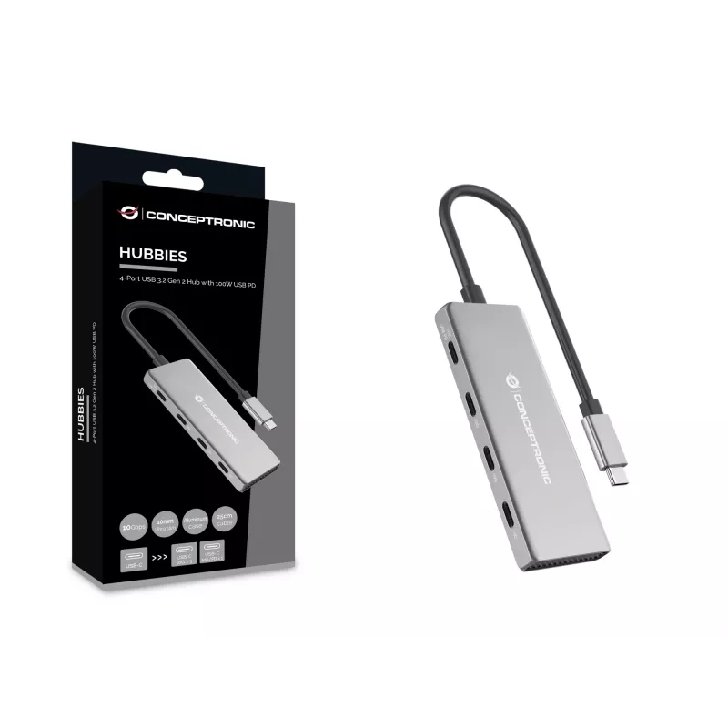Conceptronic HUBBIES16G hub interfejsowy USB 3.2 Gen 2 (3.1 Gen 2) Type-C 10000 Mbit/s Szary