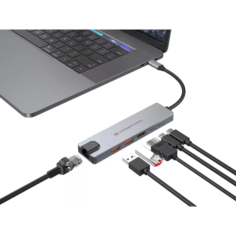 Conceptronic DONN29G 6-w-1 stacja dokująca USB 3.2 Gen 2, HDMI 4K60Hz, 2x USB-A 10 Gb/s, USB-C 10 Gb/s, LAN GbE, USB PD 3.1 140 W