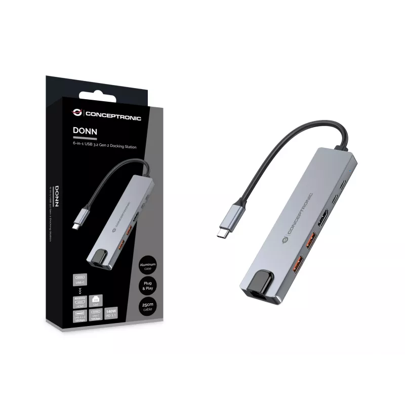Conceptronic DONN29G 6-w-1 stacja dokująca USB 3.2 Gen 2, HDMI 4K60Hz, 2x USB-A 10 Gb/s, USB-C 10 Gb/s, LAN GbE, USB PD 3.1 140 W