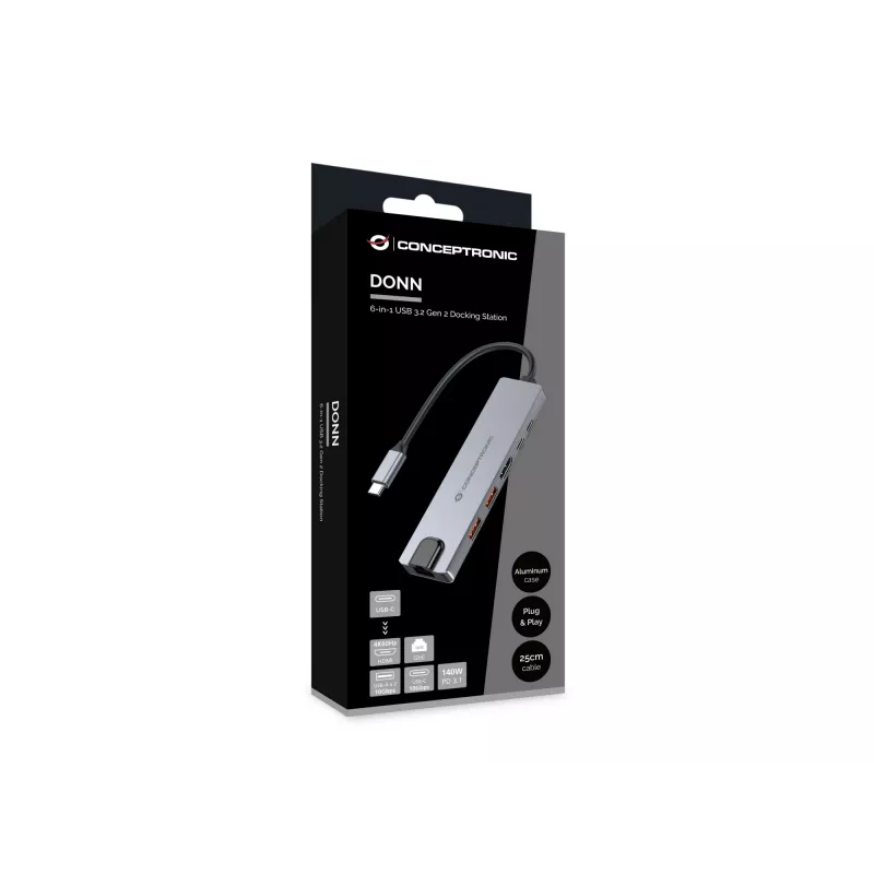 Conceptronic DONN29G 6-w-1 stacja dokująca USB 3.2 Gen 2, HDMI 4K60Hz, 2x USB-A 10 Gb/s, USB-C 10 Gb/s, LAN GbE, USB PD 3.1 140 W