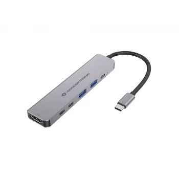 Stacja dokująca 6-w-1 USB 3.2 Gen 1 CONCEPTRONIC DONN33G HDMI, 2×USB-A 5Gbps, 2×USB-C 5Gbps, 100W USB PD, srebrna