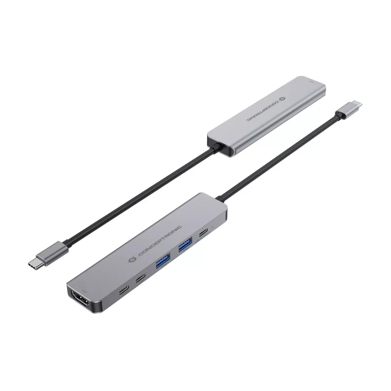 Stacja dokująca 6-w-1 USB 3.2 Gen 1 CONCEPTRONIC DONN33G HDMI, 2×USB-A 5Gbps, 2×USB-C 5Gbps, 100W USB PD, srebrna