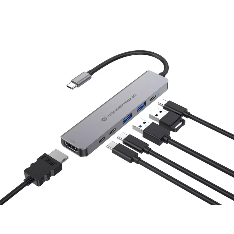 Stacja dokująca 6-w-1 USB 3.2 Gen 1 CONCEPTRONIC DONN33G HDMI, 2×USB-A 5Gbps, 2×USB-C 5Gbps, 100W USB PD, srebrna