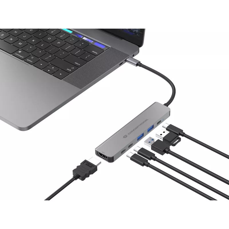 Stacja dokująca 6-w-1 USB 3.2 Gen 1 CONCEPTRONIC DONN33G HDMI, 2×USB-A 5Gbps, 2×USB-C 5Gbps, 100W USB PD, srebrna