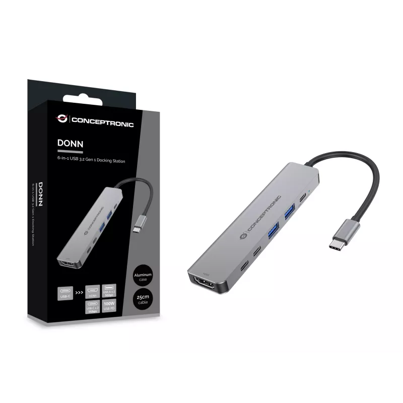 Stacja dokująca 6-w-1 USB 3.2 Gen 1 CONCEPTRONIC DONN33G HDMI, 2×USB-A 5Gbps, 2×USB-C 5Gbps, 100W USB PD, srebrna