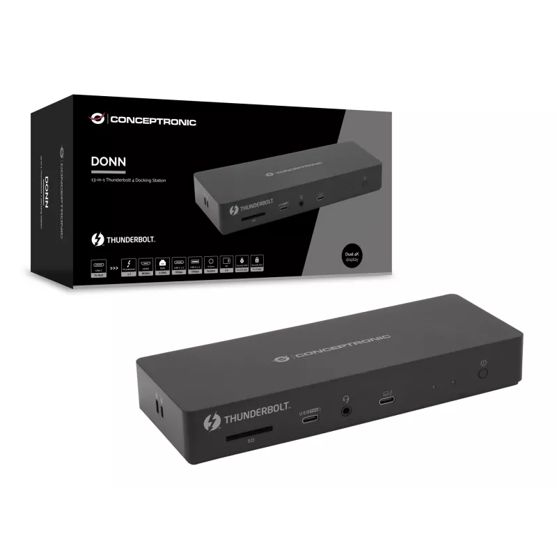 Conceptronic DONN30B 13-w-1 Stacja dokująca Thunderbolt 4, przewodowa, Thunderbolt 4, 96 W, 3,5 mm, 10,100,1000,2000,2500 Mbit/s, IEEE 802.3bz