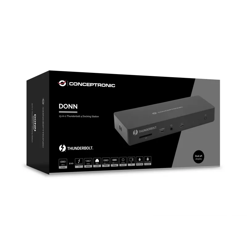 Conceptronic DONN30B 13-w-1 Stacja dokująca Thunderbolt 4, przewodowa, Thunderbolt 4, 96 W, 3,5 mm, 10,100,1000,2000,2500 Mbit/s, IEEE 802.3bz