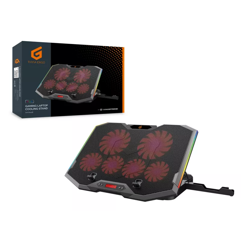 Podstawka chłodząca do laptopa gamingowego Conceptronic THYIA ERGO z 6 wentylatorami, 43,2 cm (17 cali), 6 szt., przyciski, szary, niebieski, zielony, czerwony, Chiny