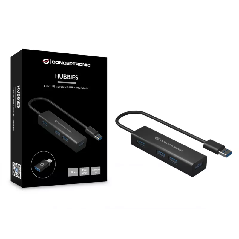 Koncentrator Conceptronic USB 3.0 4-portowy aluminiowy z adapterem USB-C na USB-A