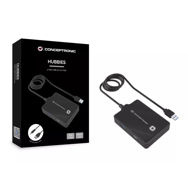 Conceptronic HUBBIES 4-portowy hub USB 3.0/2.0, kabel 90 cm, USB 3.2 Gen 1 (3.1 Gen 1) Type-A, Czarny, USB 2.0, USB 3.2 Gen 1 (3.1 Gen 1) Type-A, Chiny, 87 mm, 55 mm