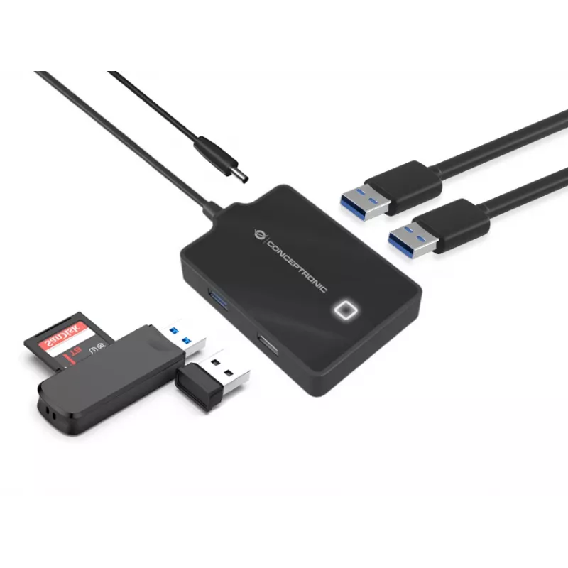 Conceptronic HUBBIES 4-portowy hub USB 3.0/2.0, kabel 90 cm, USB 3.2 Gen 1 (3.1 Gen 1) Type-A, Czarny, USB 2.0, USB 3.2 Gen 1 (3.1 Gen 1) Type-A, Chiny, 87 mm, 55 mm