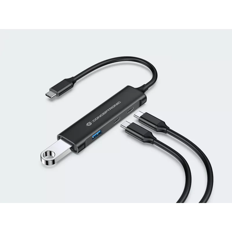 Conceptronic HUBBIES 4-portowy koncentrator USB 3.0, 2 porty USB-C i 2 porty USB-A, obudowa aluminiowa, złącze USB-C