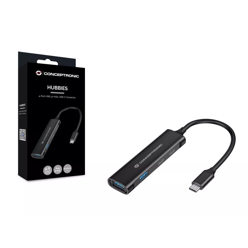 Conceptronic HUBBIES 4-portowy koncentrator USB 3.0, 2 porty USB-C i 2 porty USB-A, obudowa aluminiowa, złącze USB-C