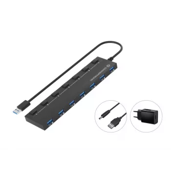 Conceptronic HUBBIES19BP 7-portowy HUB USB 3.0 z zasilaczem, kabel 90 cm, indywidualny przełącznik zasilania, USB 3.2 Gen 1