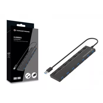 Conceptronic HUBBIES19BP 7-portowy HUB USB 3.0 z zasilaczem, kabel 90 cm, indywidualny przełącznik zasilania, USB 3.2 Gen 1