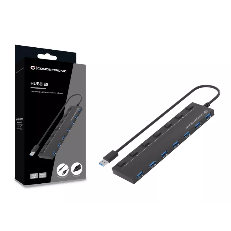 Conceptronic HUBBIES19BP 7-portowy HUB USB 3.0 z zasilaczem, kabel 90 cm, indywidualny przełącznik zasilania, USB 3.2 Gen 1