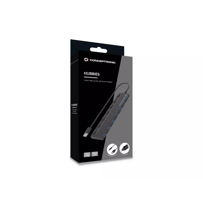 Conceptronic HUBBIES19BP 7-portowy HUB USB 3.0 z zasilaczem, kabel 90 cm, indywidualny przełącznik zasilania, USB 3.2 Gen 1