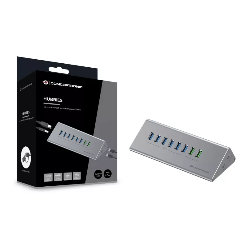 Conceptronic HUBBIES18G 10-w-1 60W USB 3.0 Hub Charger Combo, kabel 2-w-1 USB-C USB-A, USB 3.2 Gen 1