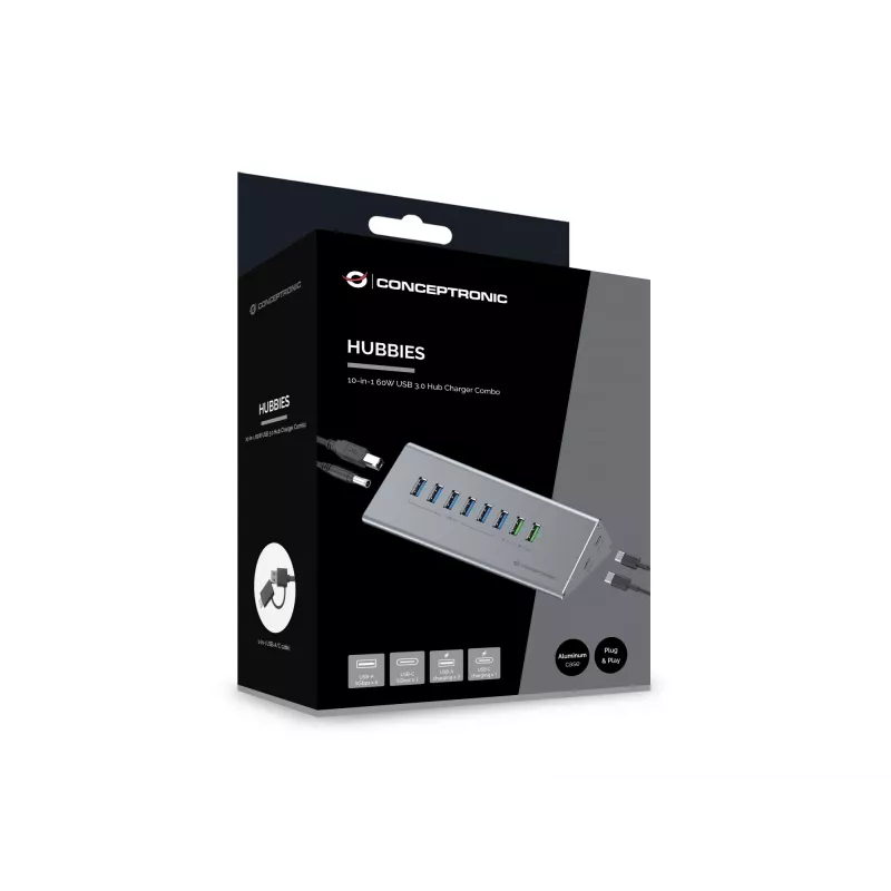Conceptronic HUBBIES18G 10-w-1 60W USB 3.0 Hub Charger Combo, kabel 2-w-1 USB-C USB-A, USB 3.2 Gen 1