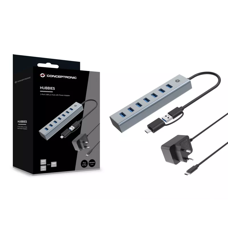 Conceptronic HUBBIES21GP 7-portowy hub USB 3.0 z zasilaczem, 5 Gb/s, USB-A x 7