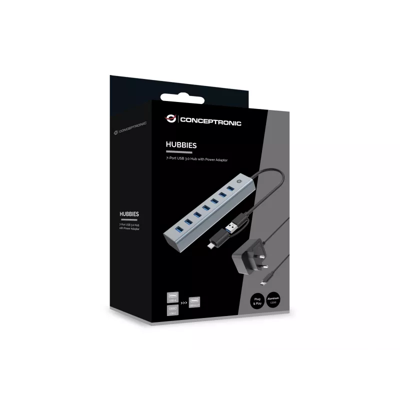 Conceptronic HUBBIES21GP 7-portowy hub USB 3.0 z zasilaczem, 5 Gb/s, USB-A x 7