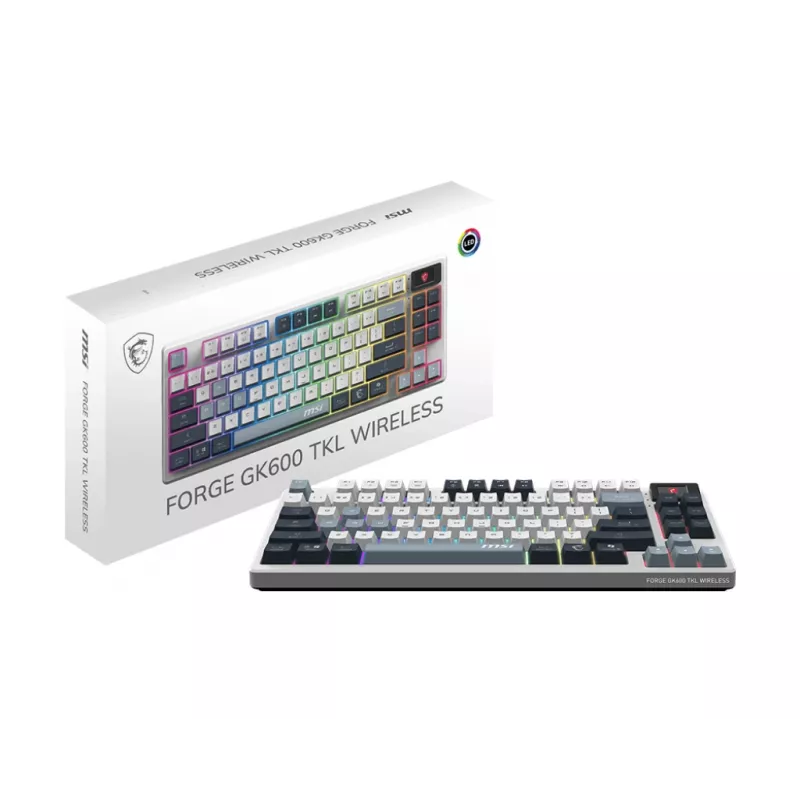 Klawiatura MSI FORGE GK600 TKL WIRELESS SKY — Bezprzewodowa, tenkeyless, mechaniczna, USB + Bluetooth, QWERTY UK English, RGB, niebiesko-biała