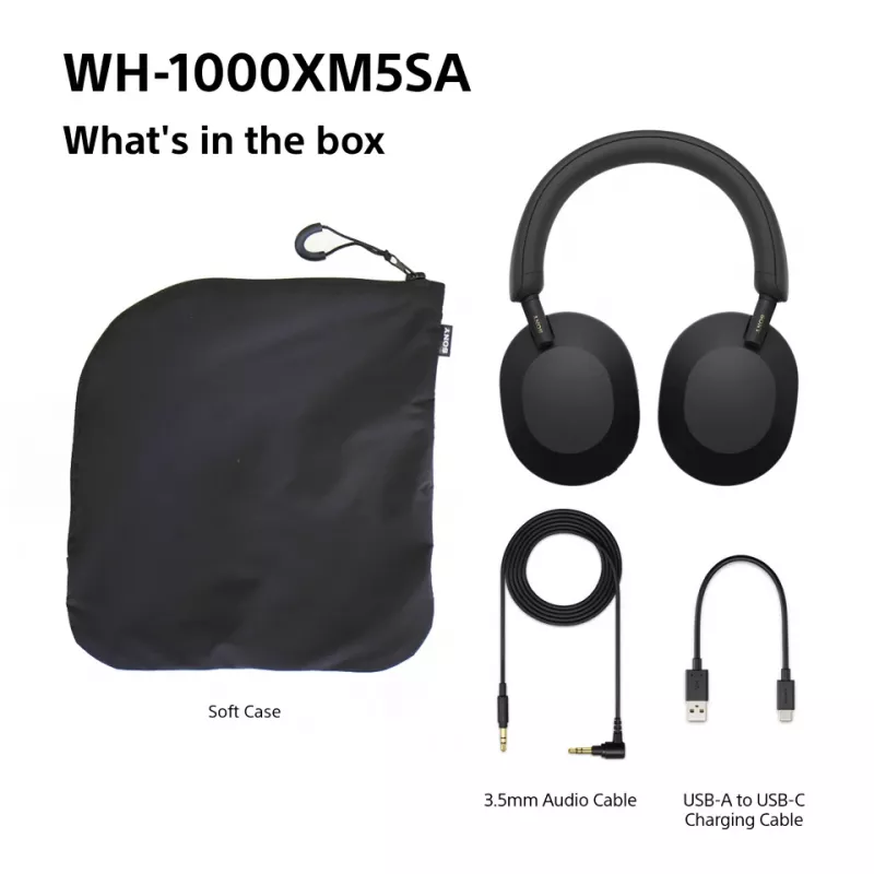 Słuchawki Sony WH-1000XM5SA przewodowe i bezprzewodowe, nauszne, muzyczne, USB Type-C, Bluetooth, czarne