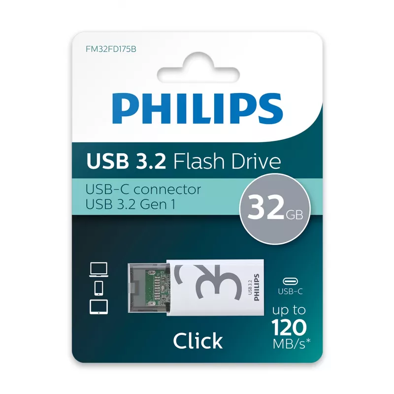 Philips Click Pamięć USB 32 GB USB Type-C 3.2 Gen 1 (3.1 Gen 1) Przezroczysty, Biały