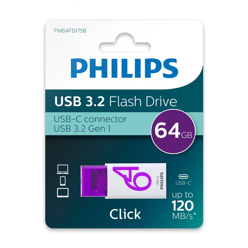 Philips Click pamięć USB 64 GB USB typu C 3.2 Gen 1 (3.1 Gen 1) fioletowy, biały