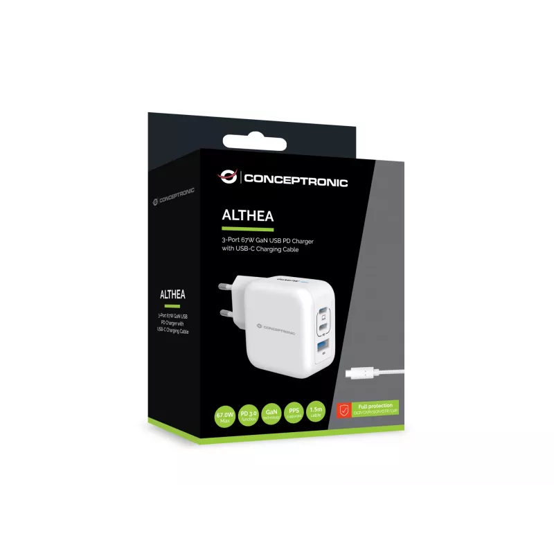 Ładowarka Conceptronic 3-portowa 67W GaN USB PD z kablem ładującym USB-C, USB-C x 2, USB-A x 1, QC 3.0, PPS