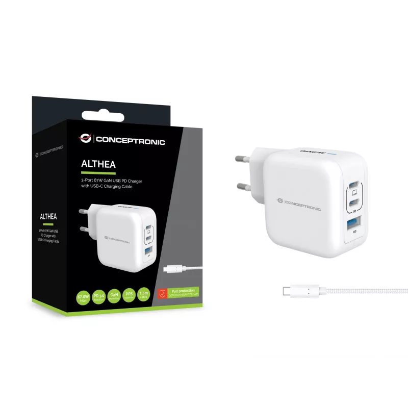 Ładowarka Conceptronic 3-portowa 67W GaN USB PD z kablem ładującym USB-C, USB-C x 2, USB-A x 1, QC 3.0, PPS