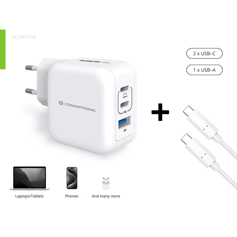 Ładowarka Conceptronic 3-portowa 67W GaN USB PD z kablem ładującym USB-C, USB-C x 2, USB-A x 1, QC 3.0, PPS